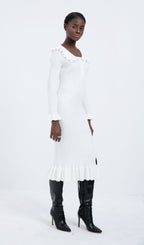 Trendy Knitted Ruffle Midi Dress-White