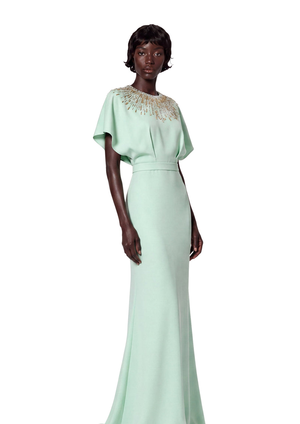 Gaby Short Sleeve Satin Maxi Dress In Green
