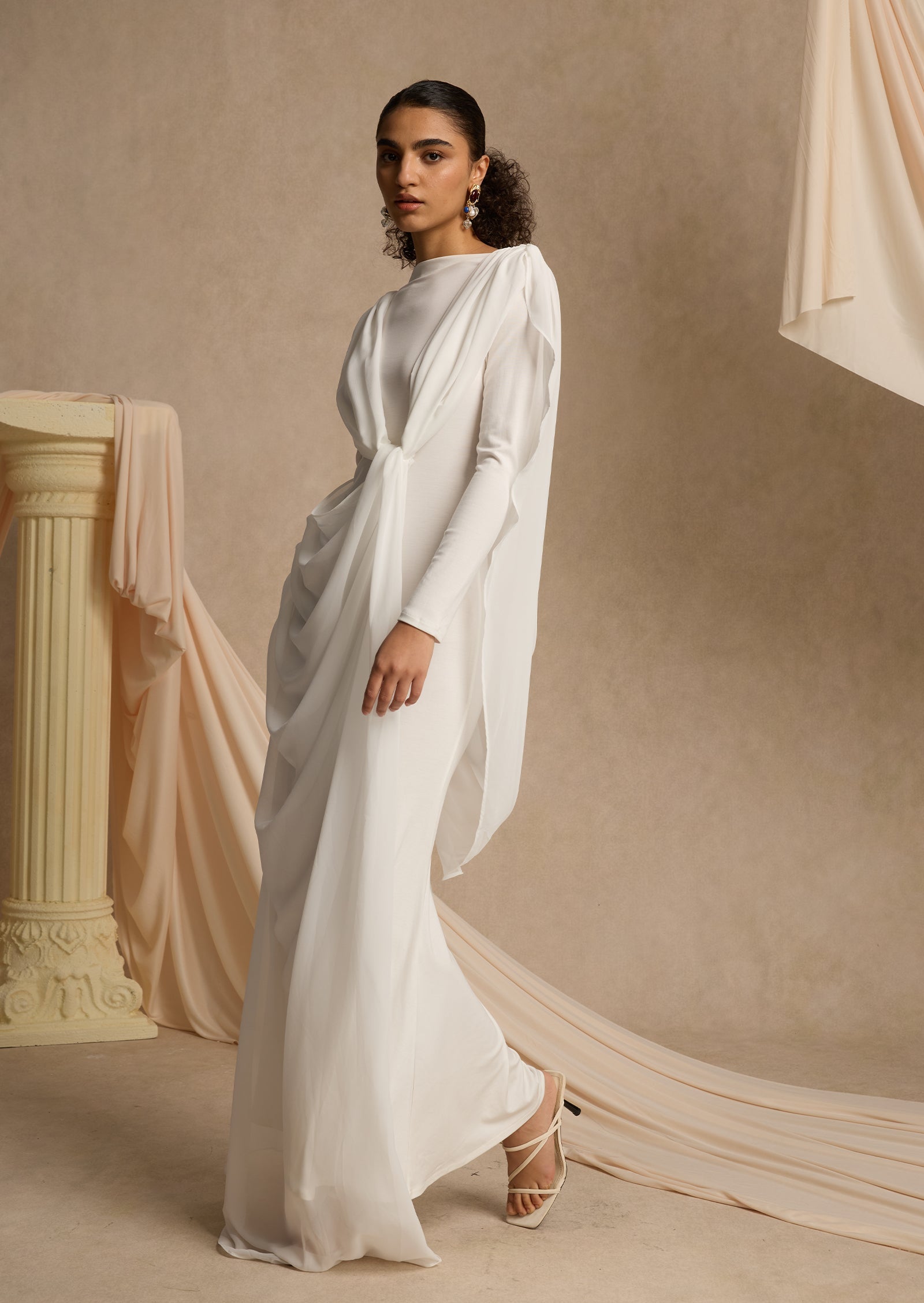 Shawl Ribbon Knotted Maxi Dress In White
