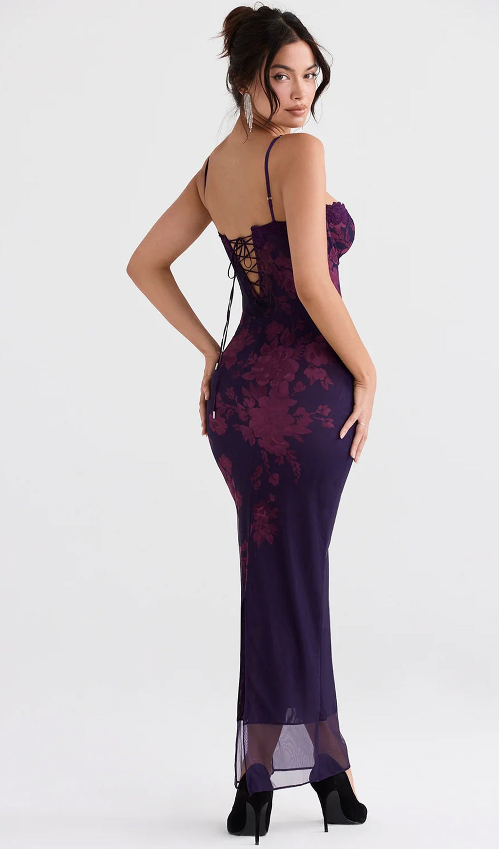 Tied Lace Trim Floral Mesh Midi Dress