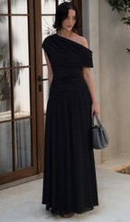 Off Shoulder Pleated Maxi Dress In Black