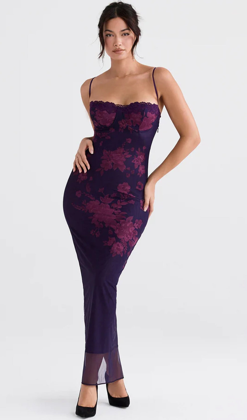 Tied Lace Trim Floral Mesh Midi Dress
