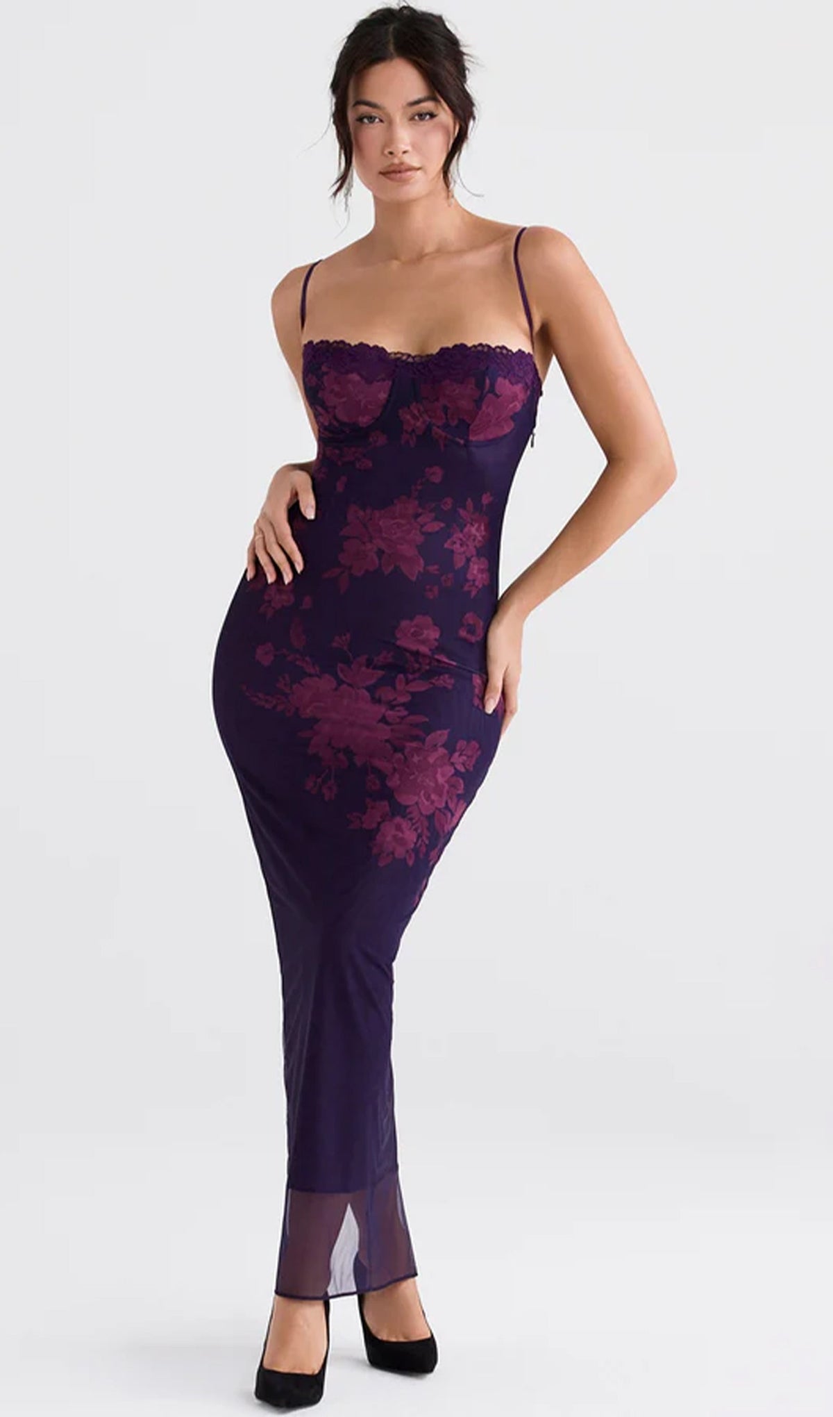Tied Lace Trim Floral Mesh Midi Dress