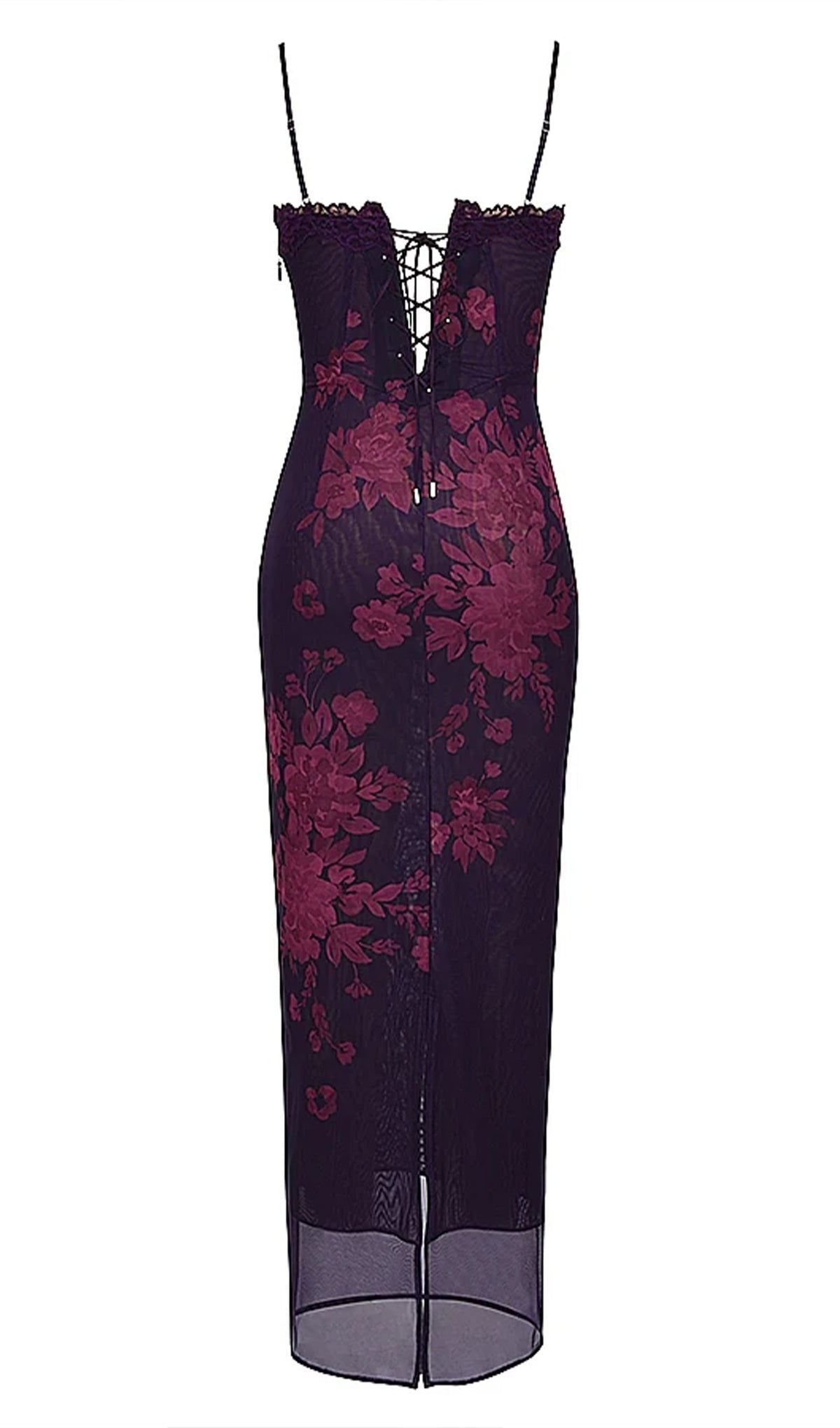 Tied Lace Trim Floral Mesh Midi Dress