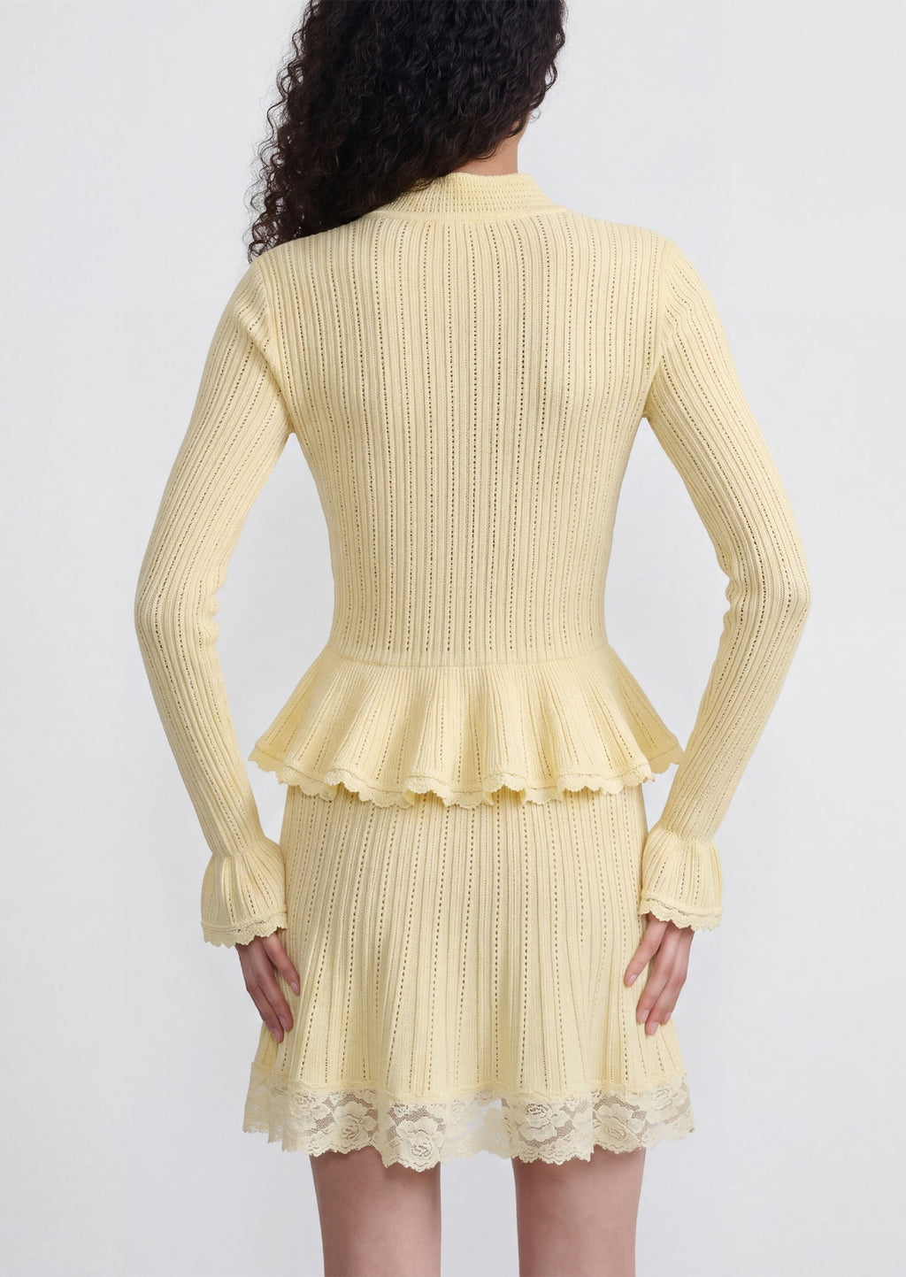 Pointelle Peplum Knit Mini Skirt Set In Yellow