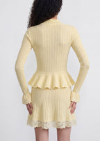 Pointelle Peplum Knit Mini Skirt Set In Yellow