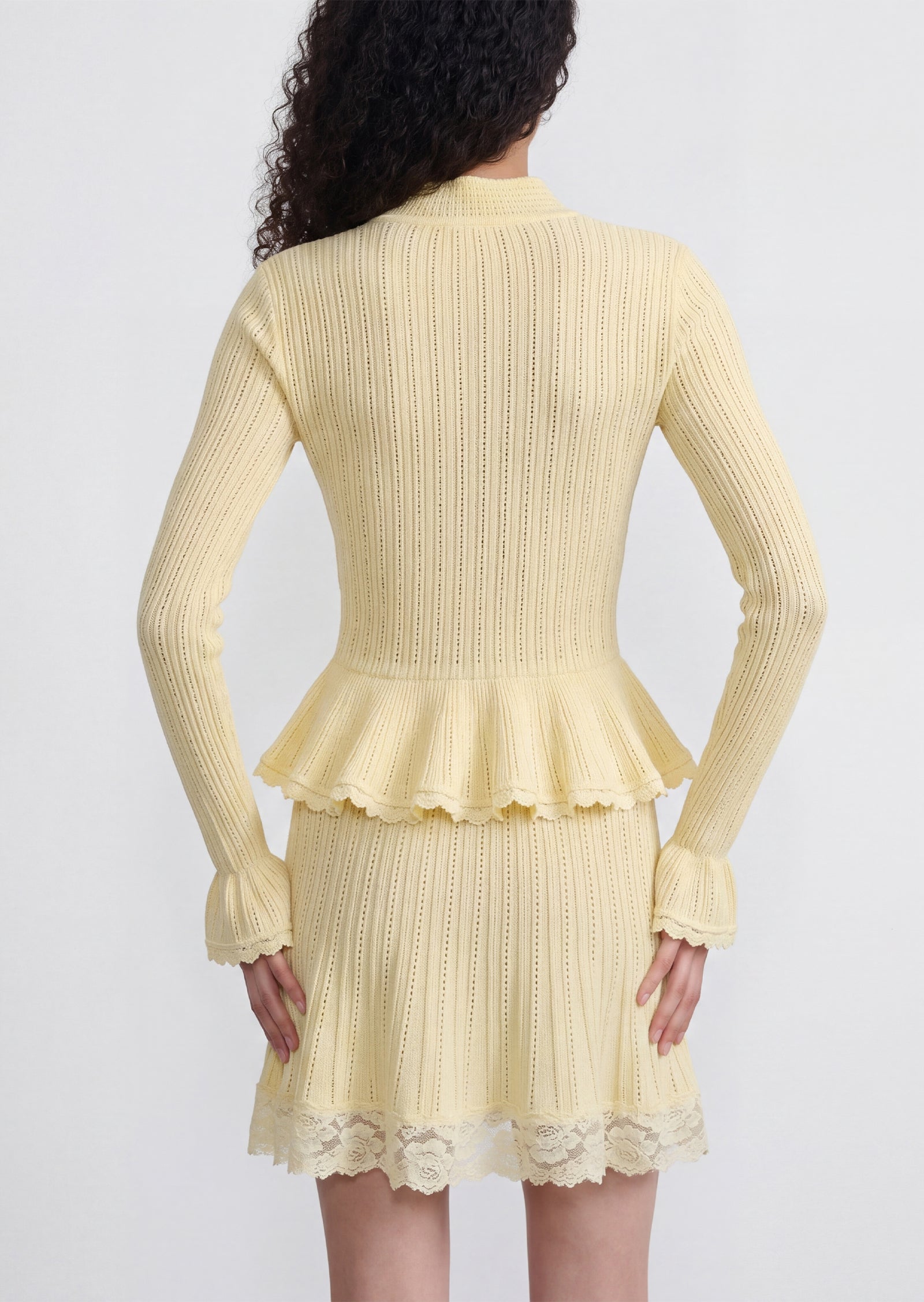 Pointelle Peplum Knit Mini Skirt Set In Yellow