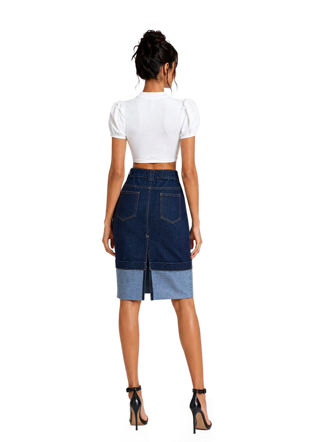 Caelus Denim Back Slit Midi Skirt In Blue