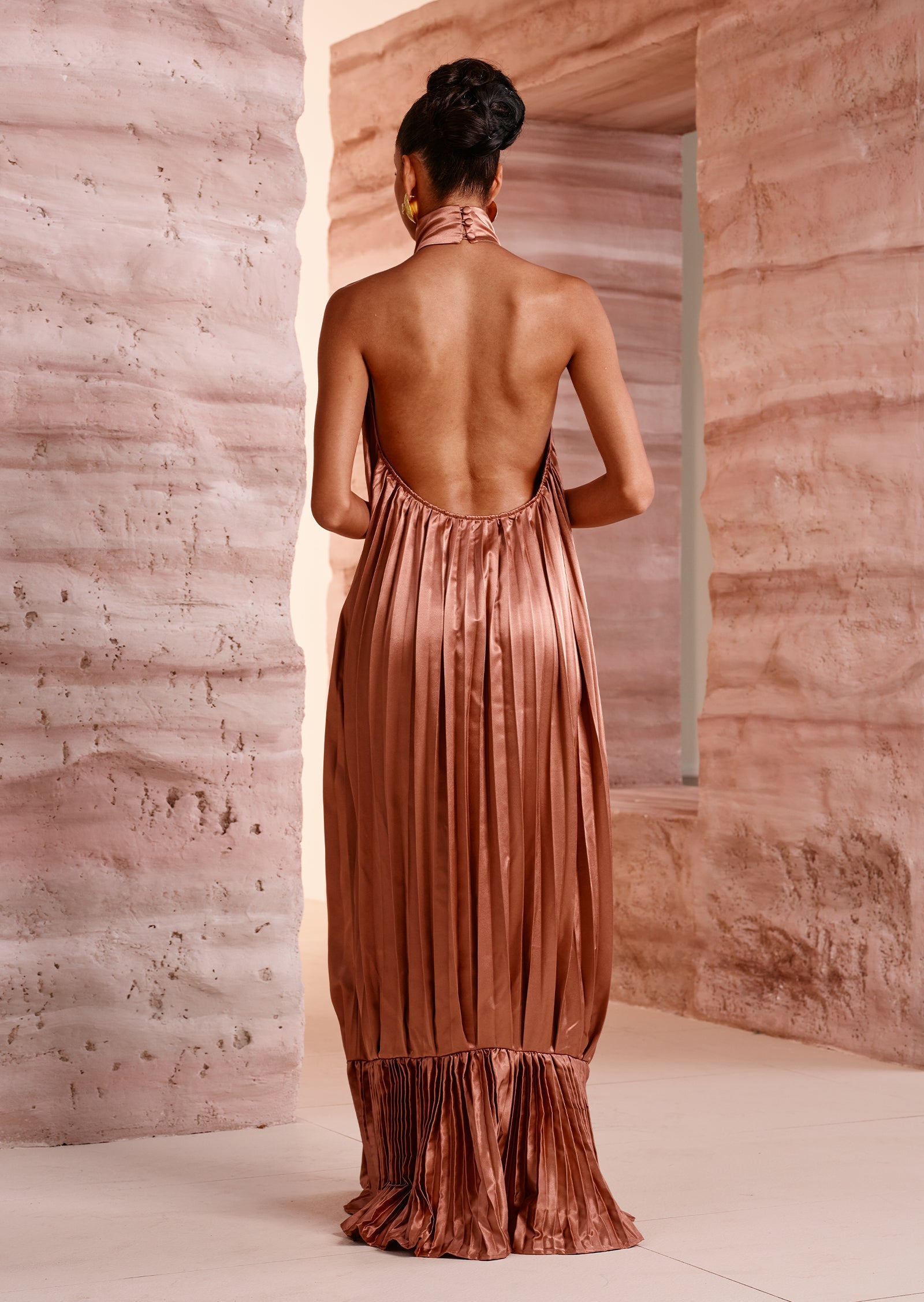 Sleeveless V Neckline Pleats Ruffled Maxi Dress