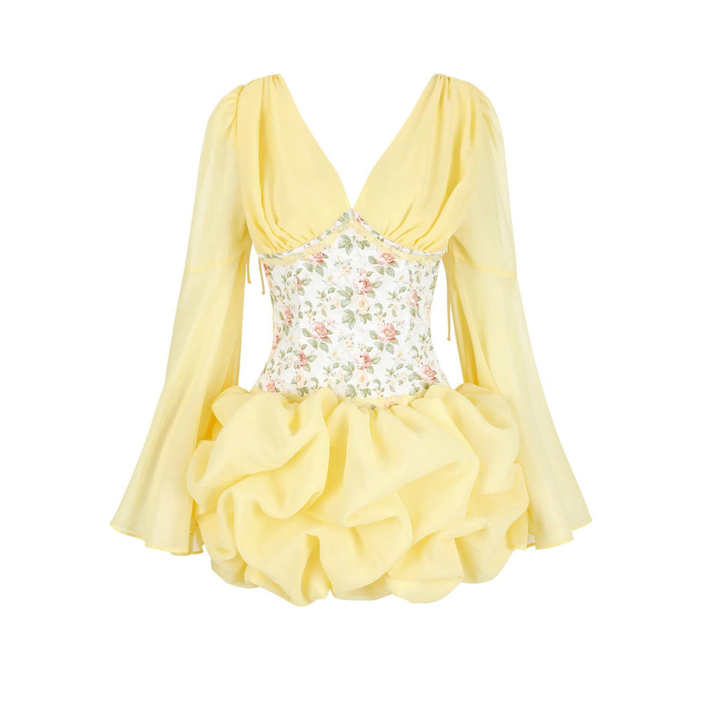 Octavius Floral Corset Bubble Mini Dress In Yellow