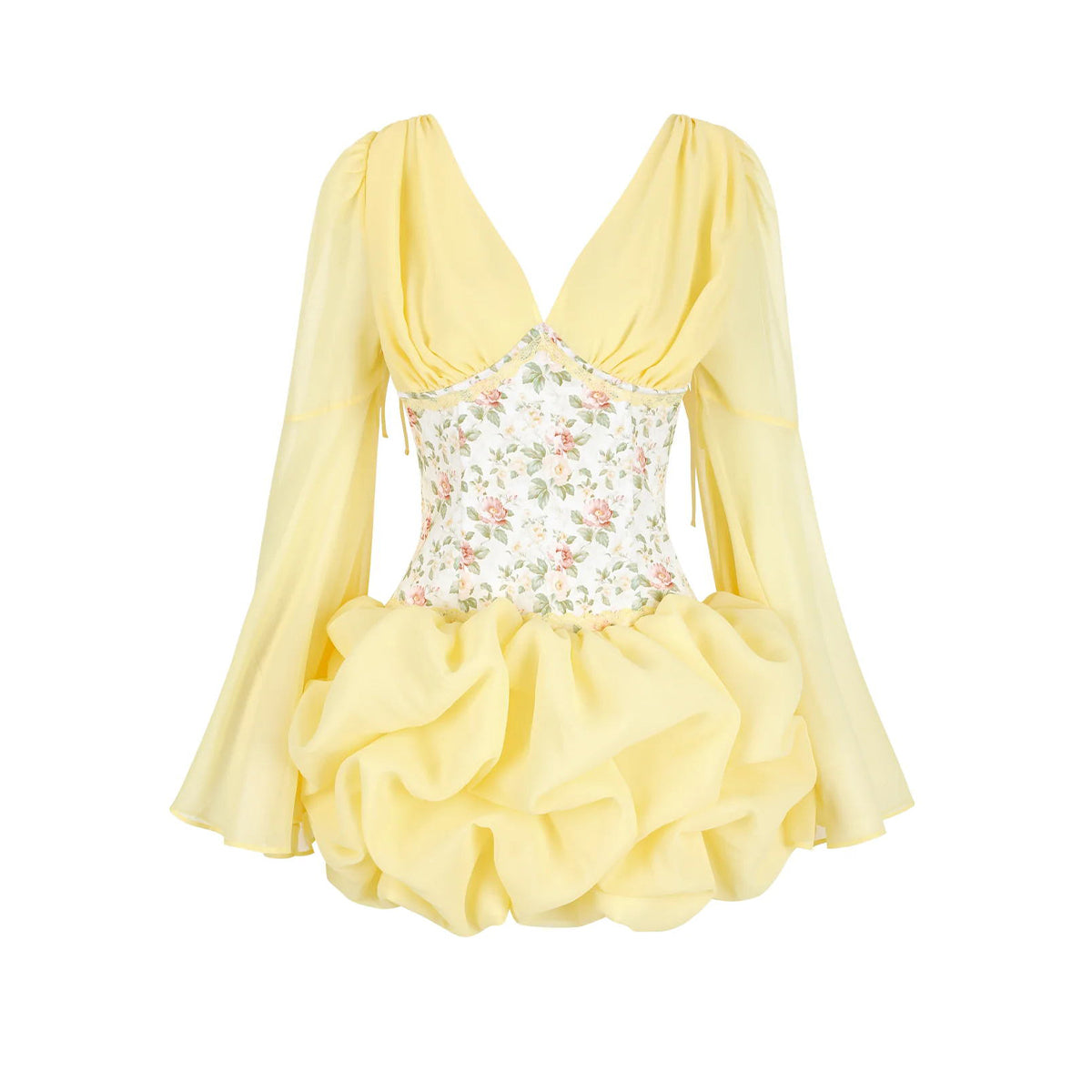 Octavius Floral Corset Bubble Mini Dress In Yellow