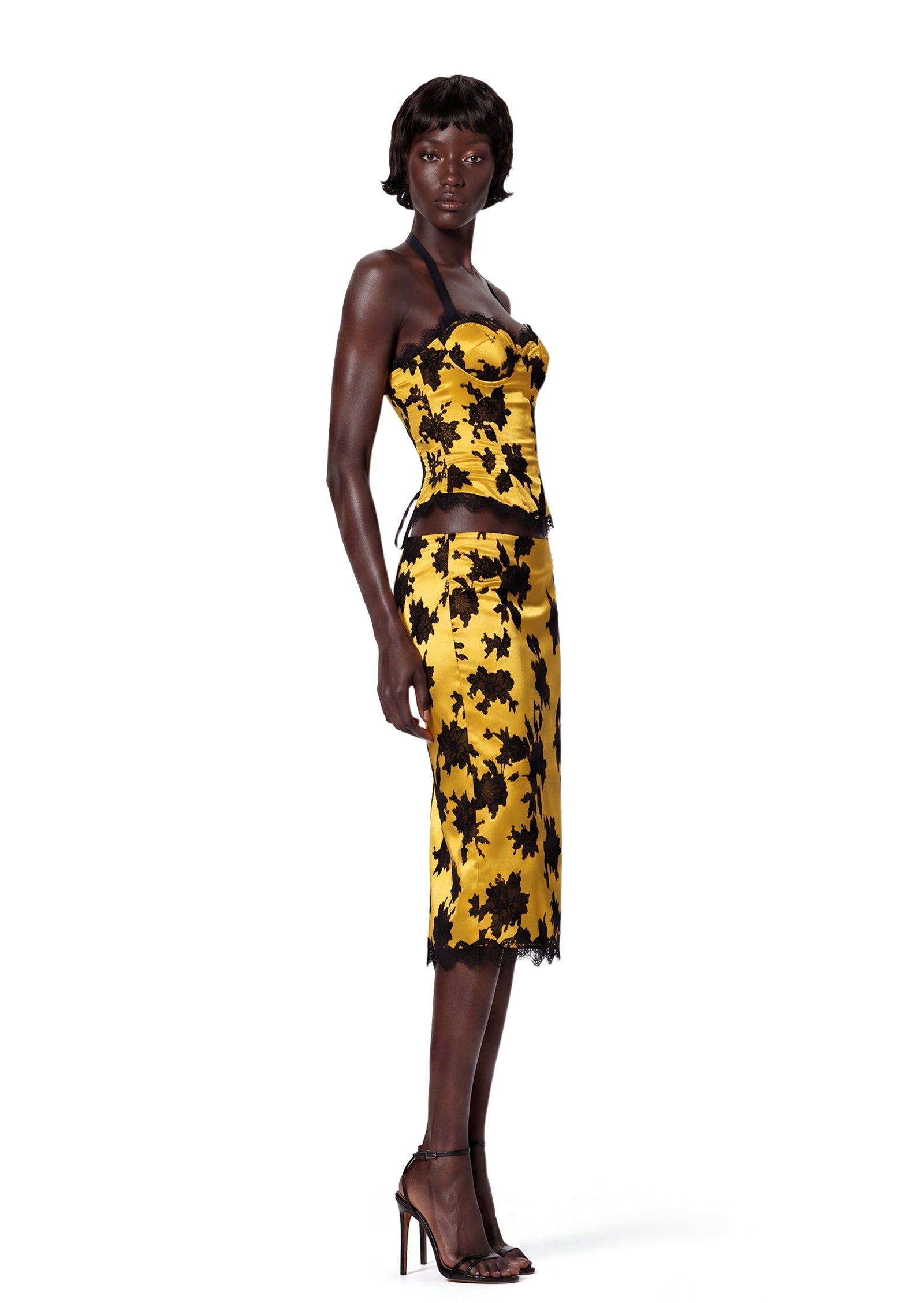 Ufuk Satin Lace Top & Midi Skirt Set In Yellow