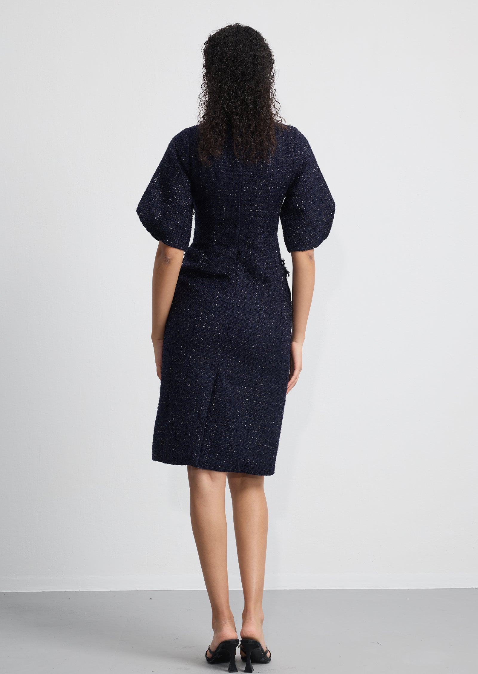 Bow Neck Puff Sleeve Tweed Mini Dress