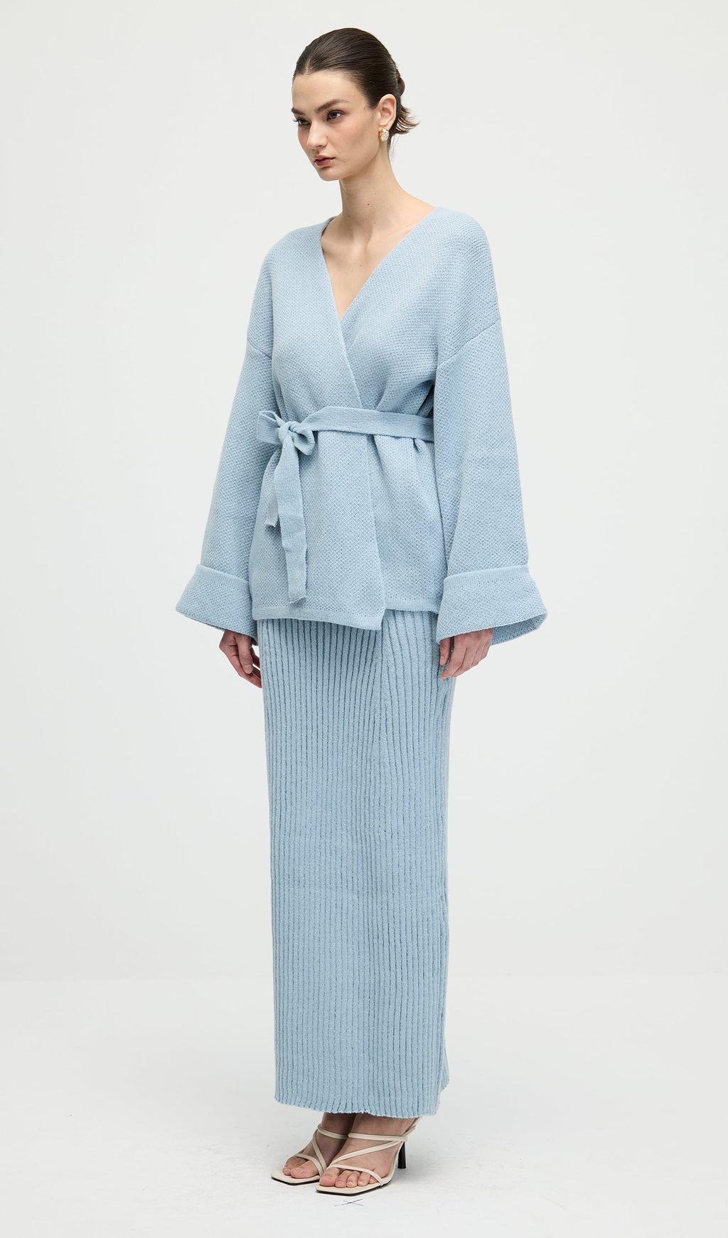 V Neck Waist Tie Knitted Top & Skirt Set