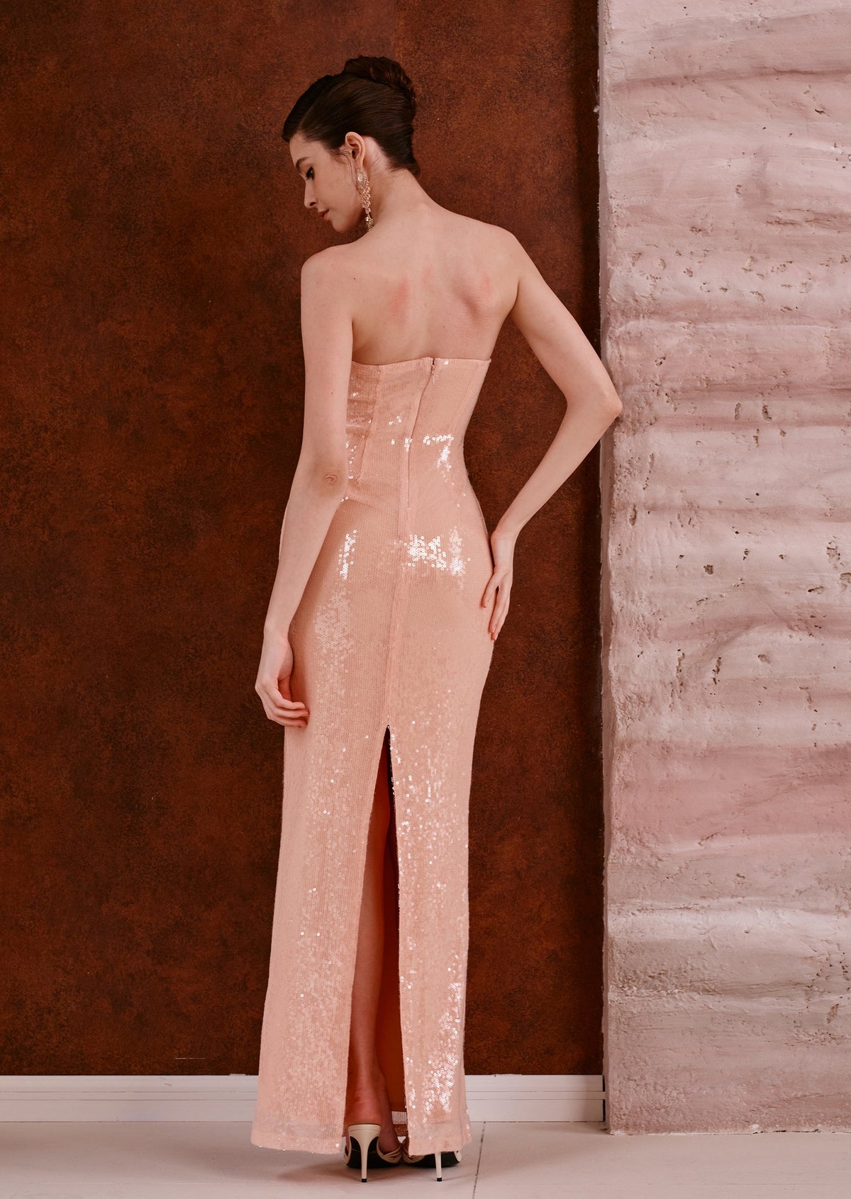 Cambria Bow Sequin Scalloped Maxi Dress In Pink