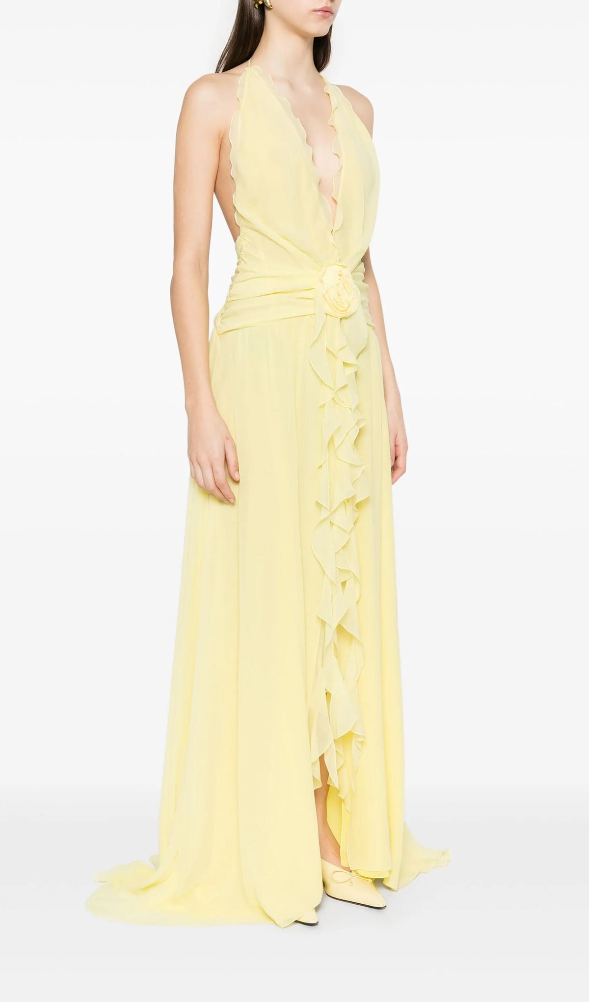 Halter Ruffles Rose Decoration Maxi Dress