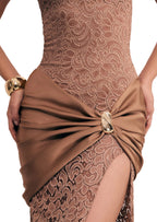Loa Stand Up Collar Slit Maxi Dress In Light Brown