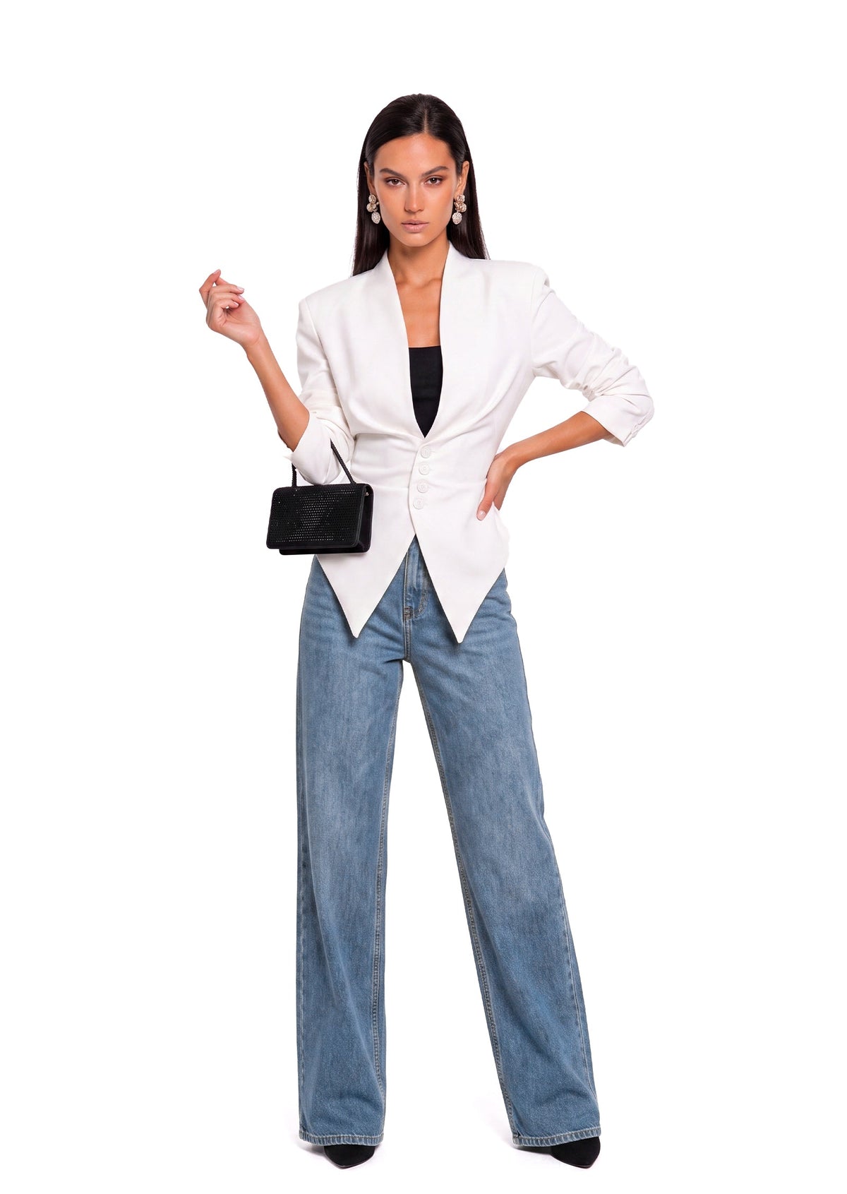 Adaja Long Sleeve V Neck Top In White
