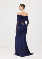 One Shoulder Slinky Ruched Maxi Dress-Blue