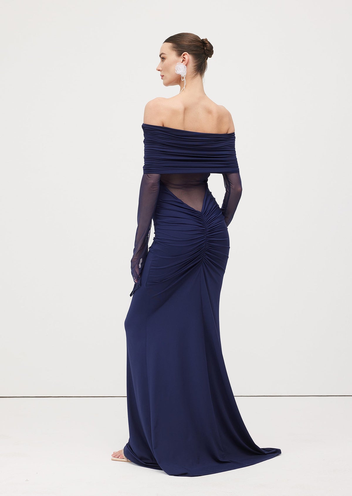 One Shoulder Slinky Ruched Maxi Dress-Blue