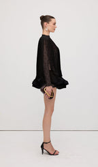 Lace Semi Sheer Ruffled Mini Dress In Black