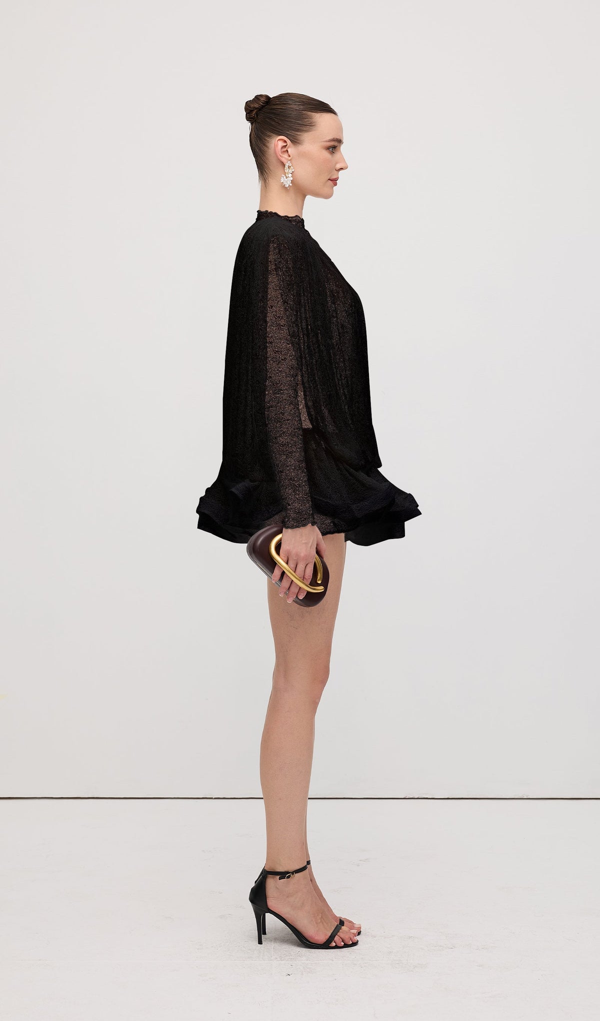 Lace Semi Sheer Ruffled Mini Dress In Black