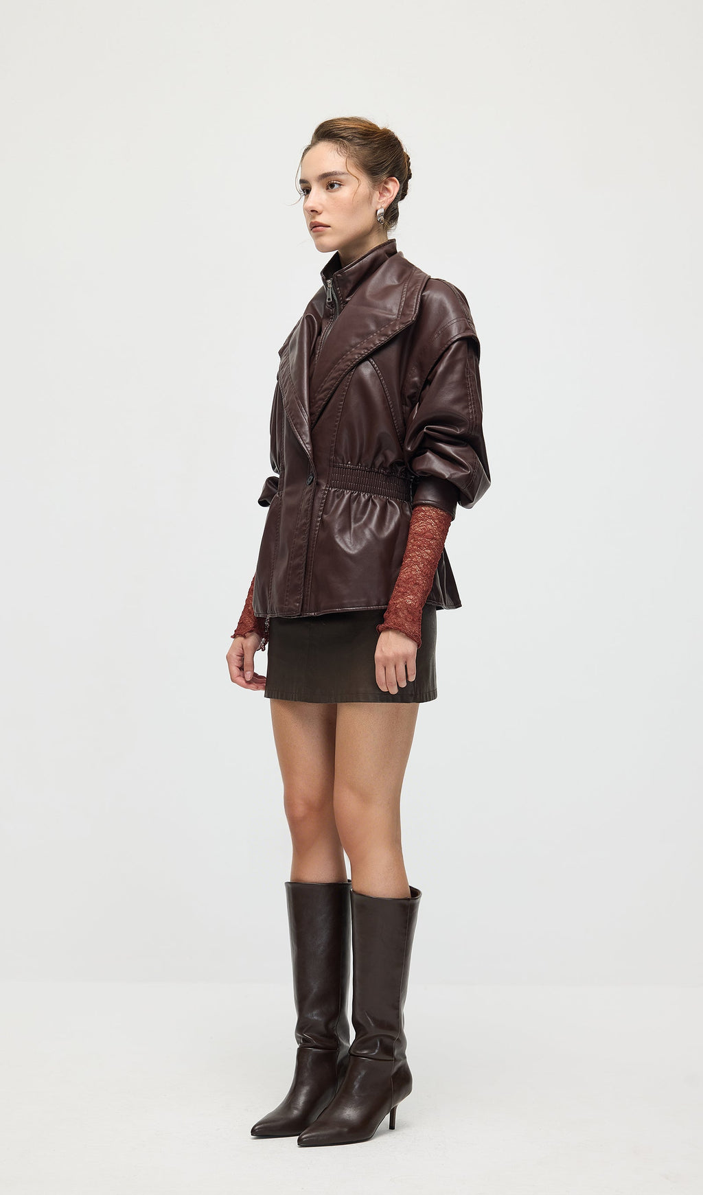 Waisted Lapel Leather Jacket In Brown