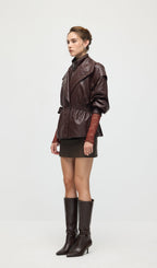 Waisted Lapel Leather Jacket In Brown