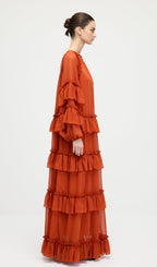 Ruffle Tiered Puff Sleeve Maxi Dress In Orange