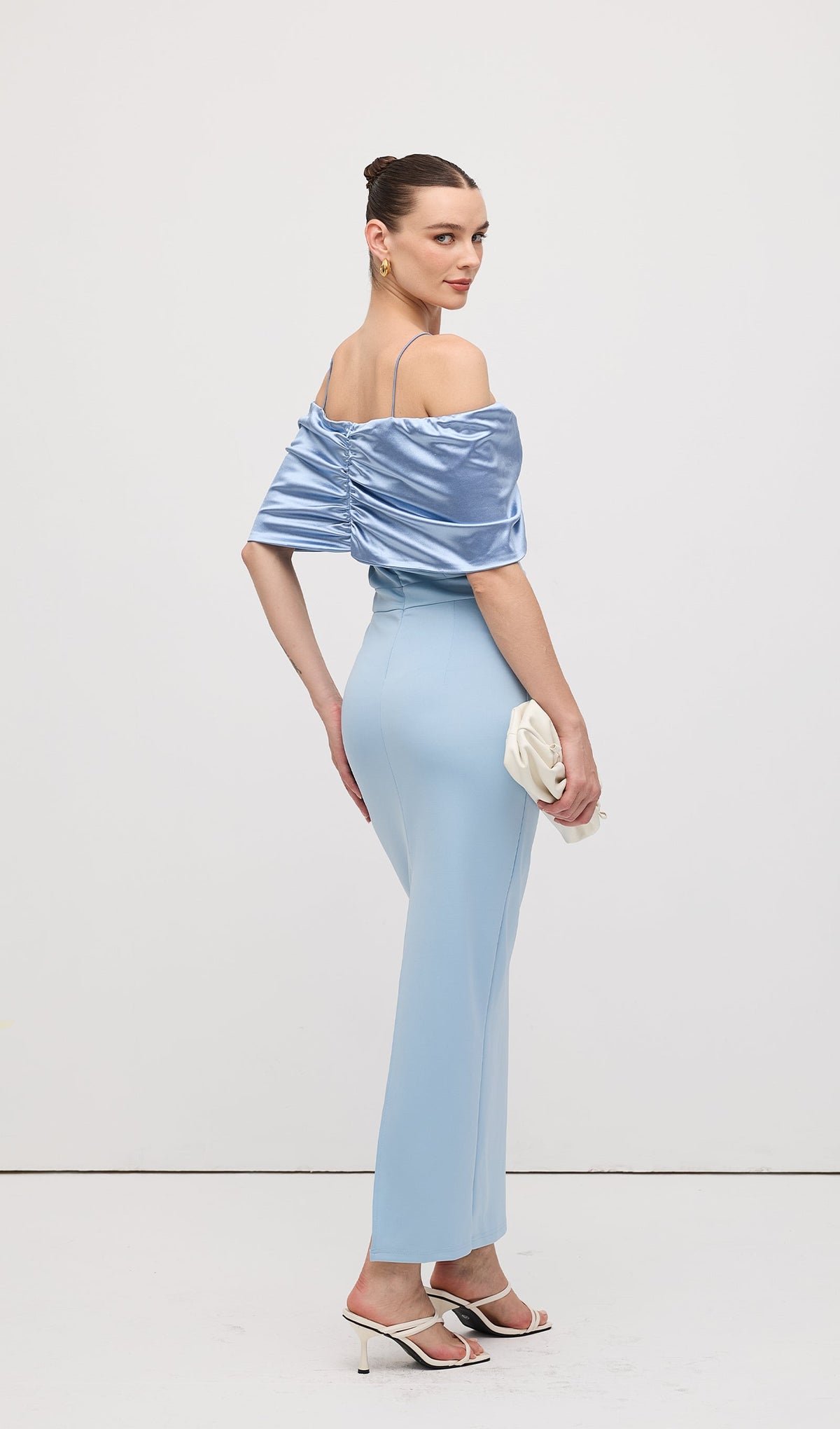 Off Shoulder Draped Satin Maxi Dress