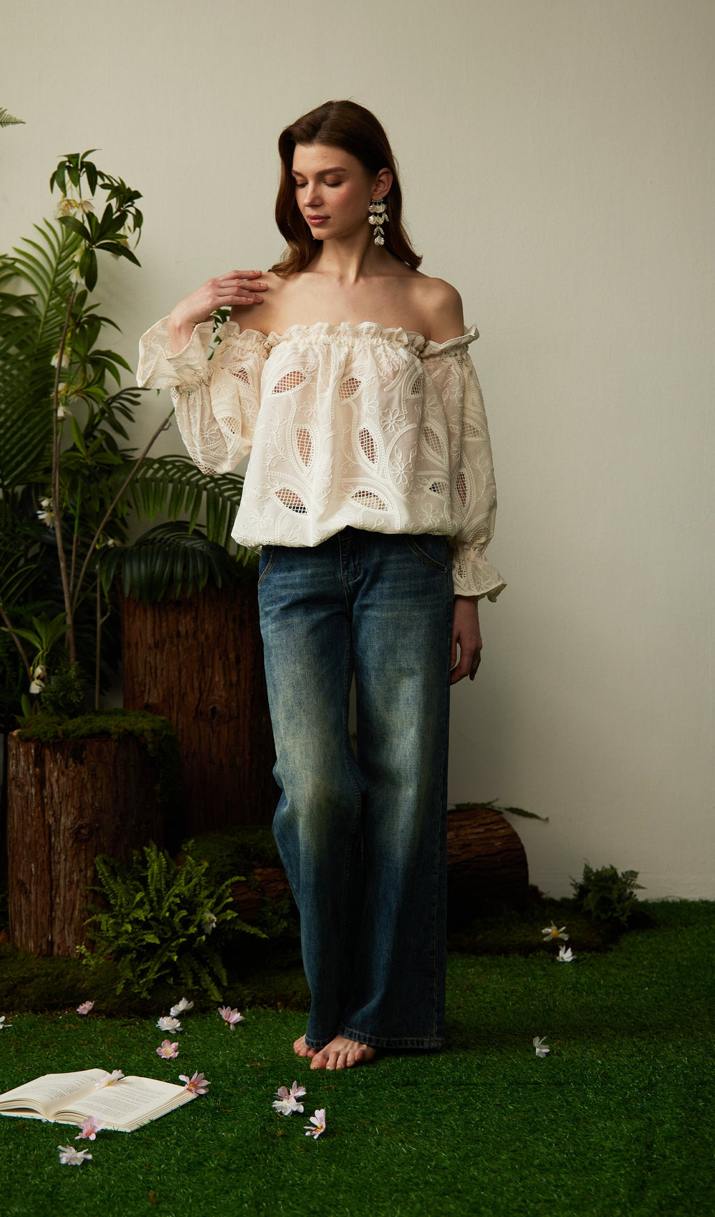 Off Shoulder Ruffled Hollow Out Top