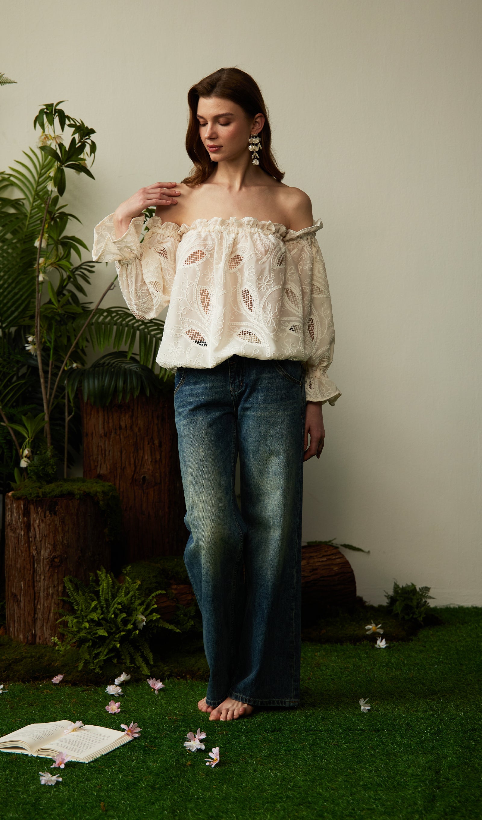 Off Shoulder Ruffled Hollow Out Top