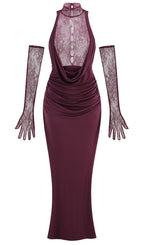 Lace Bodice Ruched Maxi Dress In Magenta