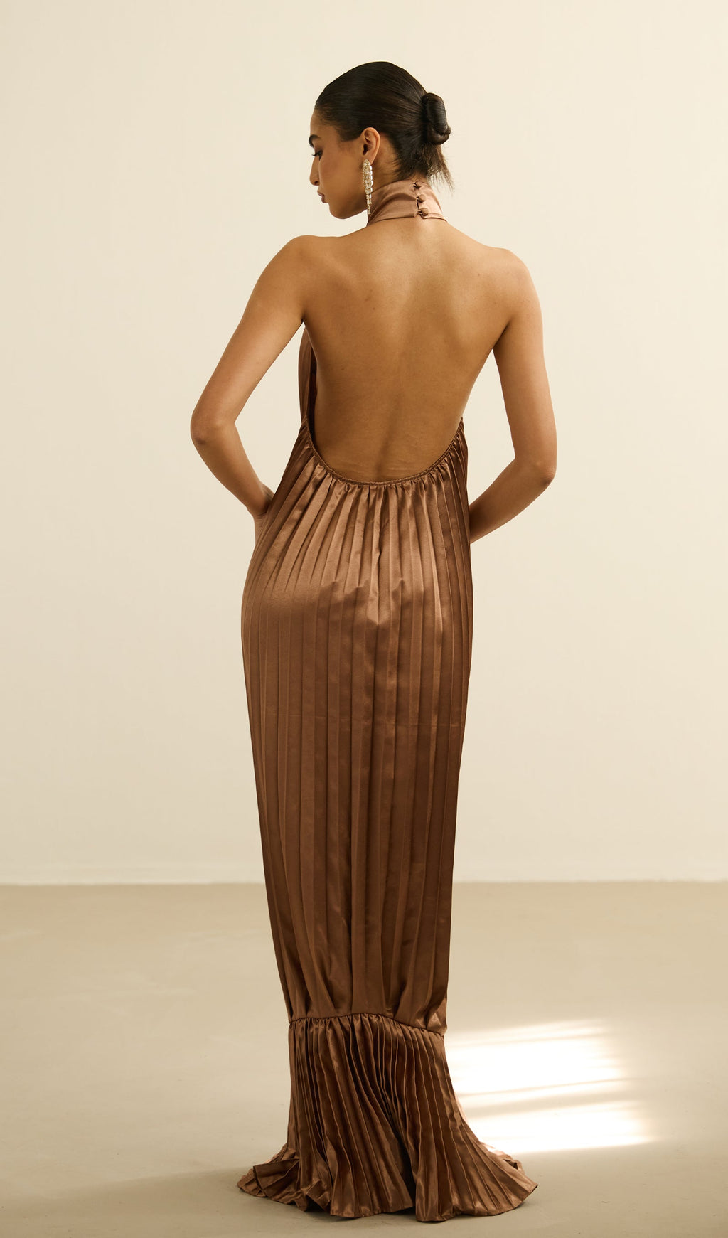 V Neckline Pleats Ruffled Maxi Dress