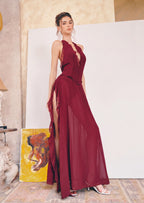 Jacobean Halter Neck Ruffle Midi Dress