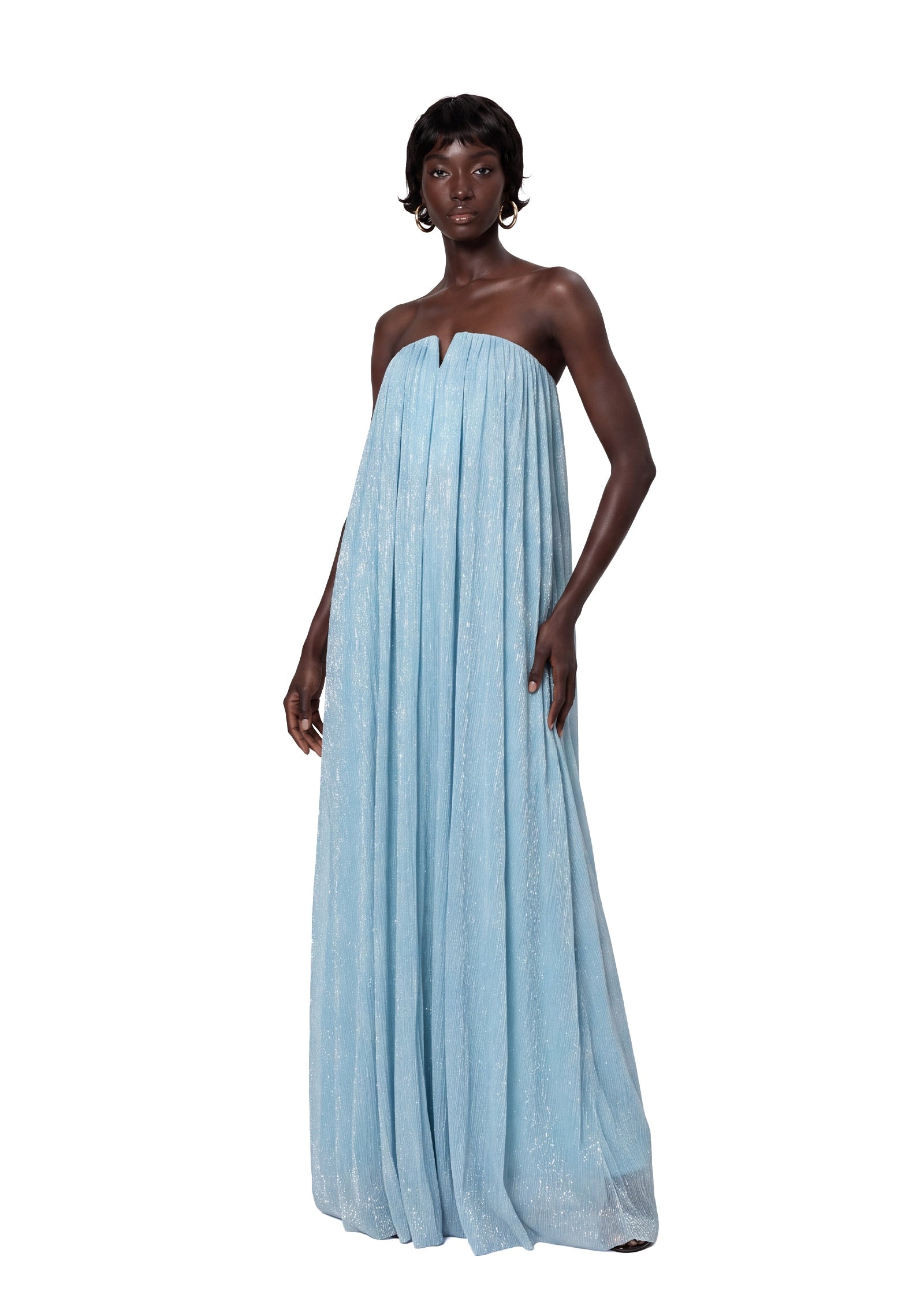 Chasca Strapless Shimmering Maxi Dress In Blue