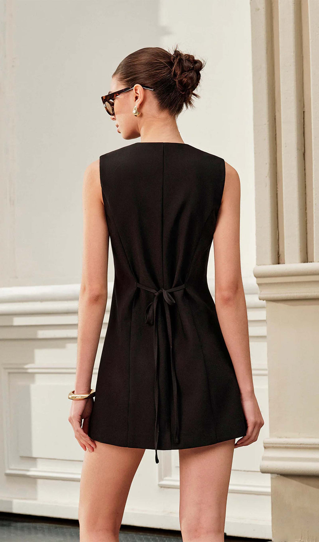 Asymmetrical Tie Back Metal Button Mini Dress