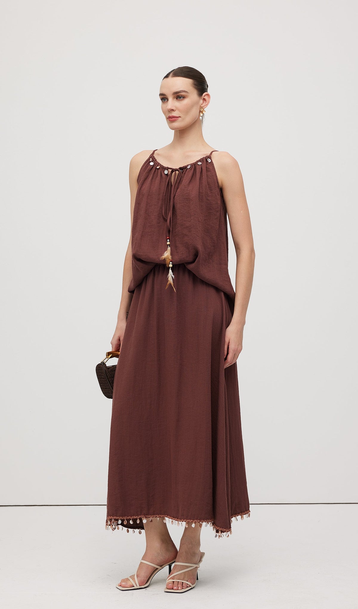 Cotton And Linen Lace Up Midi Skirt Sets
