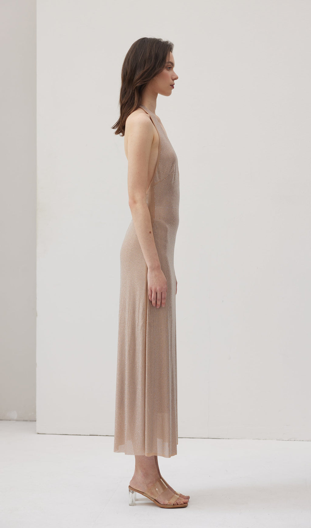 Diamante Halter Midi Dress - Nude