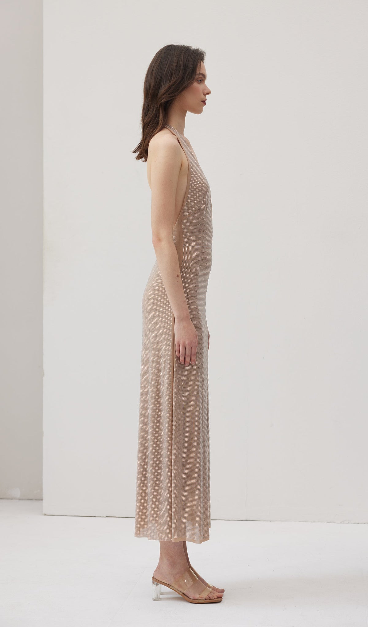 Diamante Halter Midi Dress - Nude