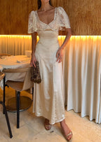 Earl Satin Midi Dress With Lace Sleeve