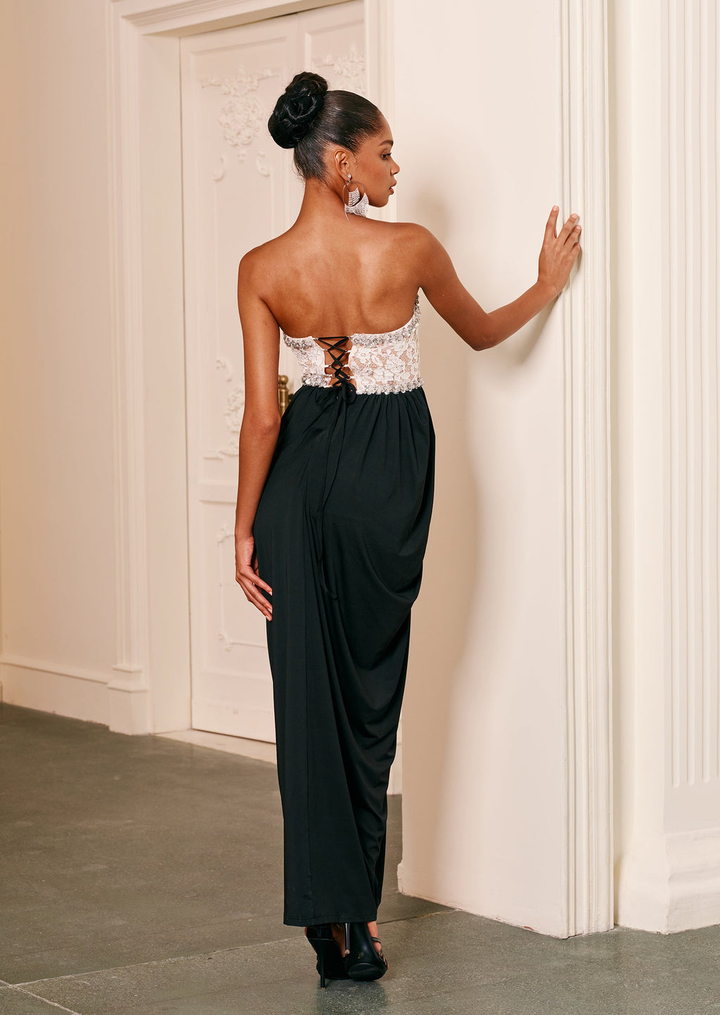 Strapless Lace Beaded Patchwork Maxi Dress