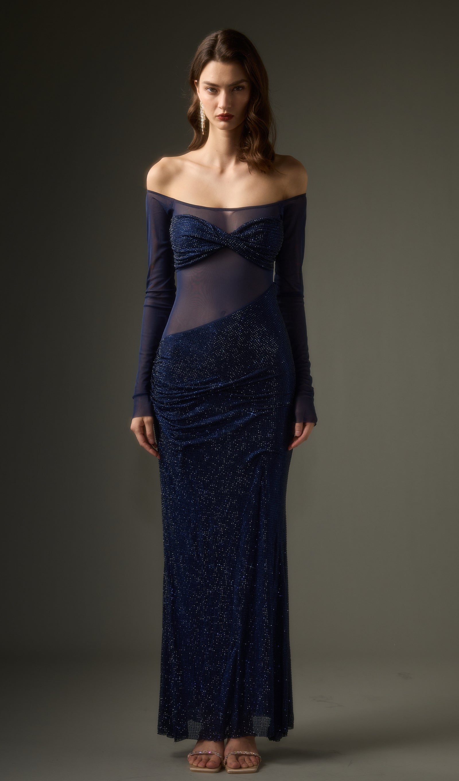 Diamante Off Shoulder Maxi Dress In Navy