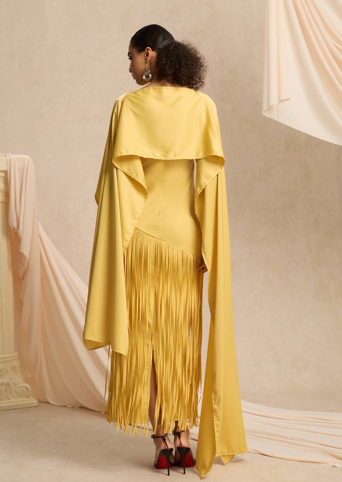 Cape Detailed Fringed Gown