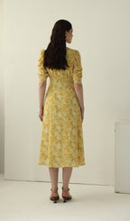Yellow Printed Short Sleeve Midi Dress