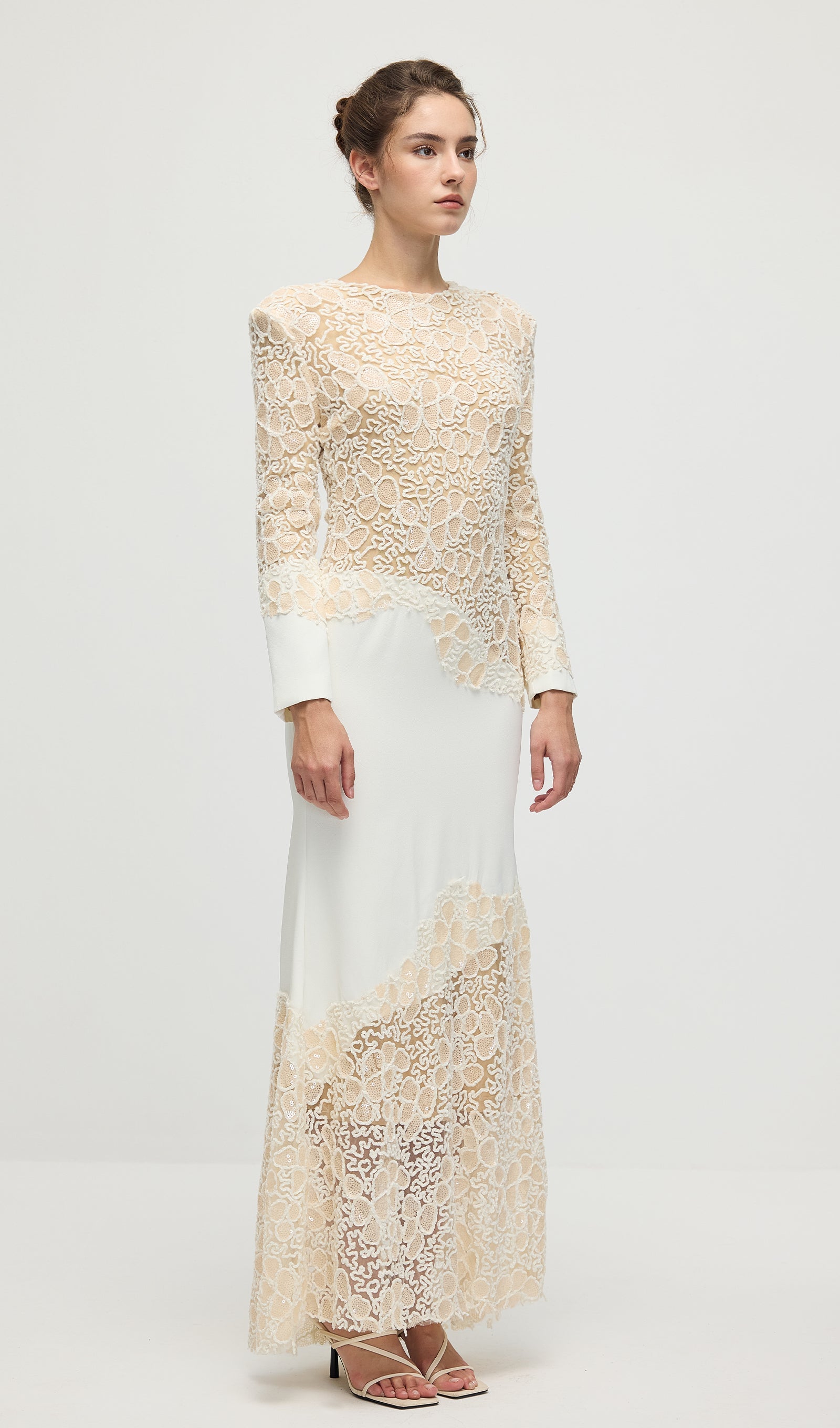 Textured Floral Embroidered Sequined Maxi Dress In Ivory