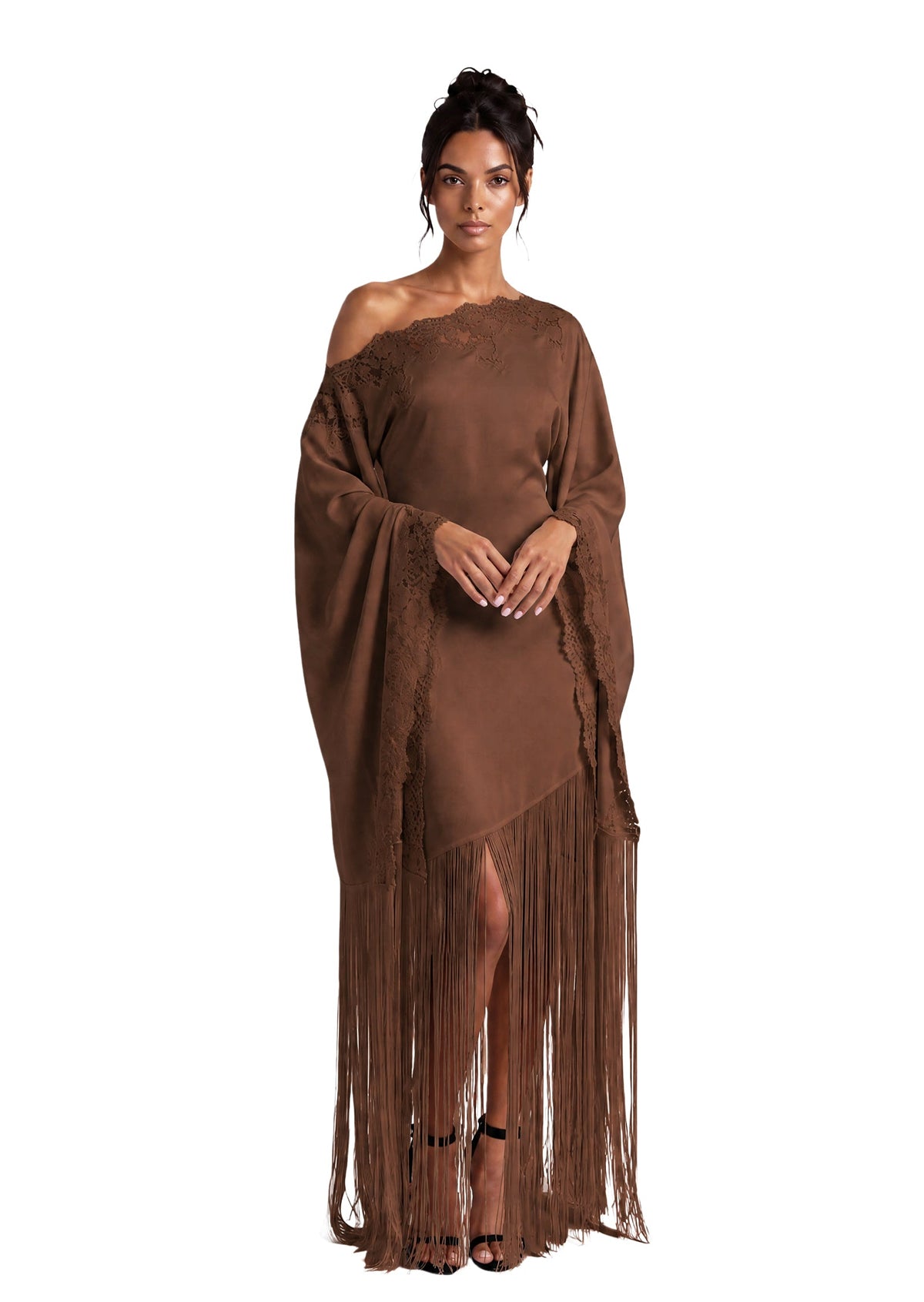 Minh Satin Lace Tassel Maxi Dress In Brown