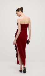 Petal Strapless Velvet Maxi Dress In Red