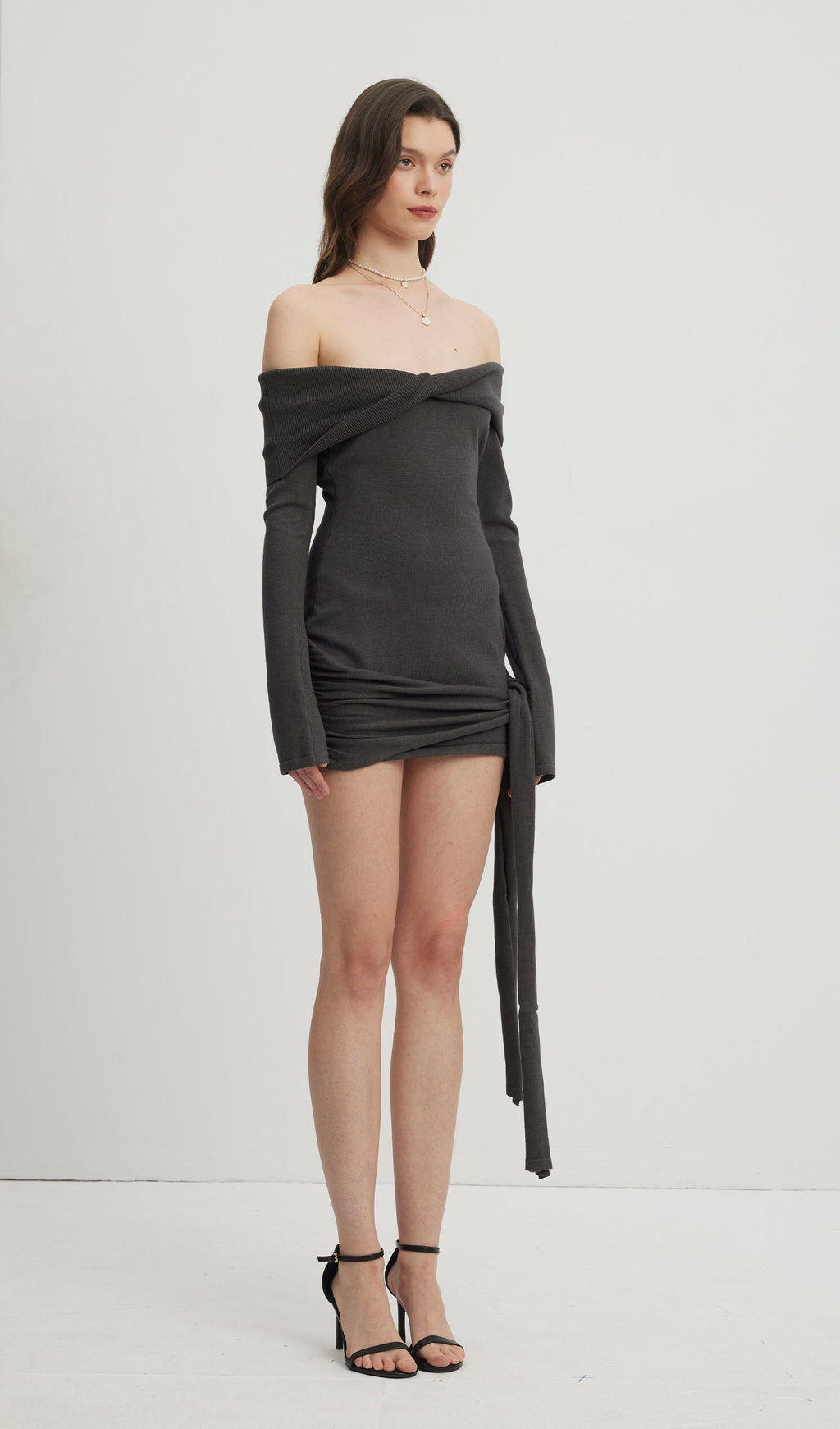 Off Shoulder Tie Knit Mini Dress