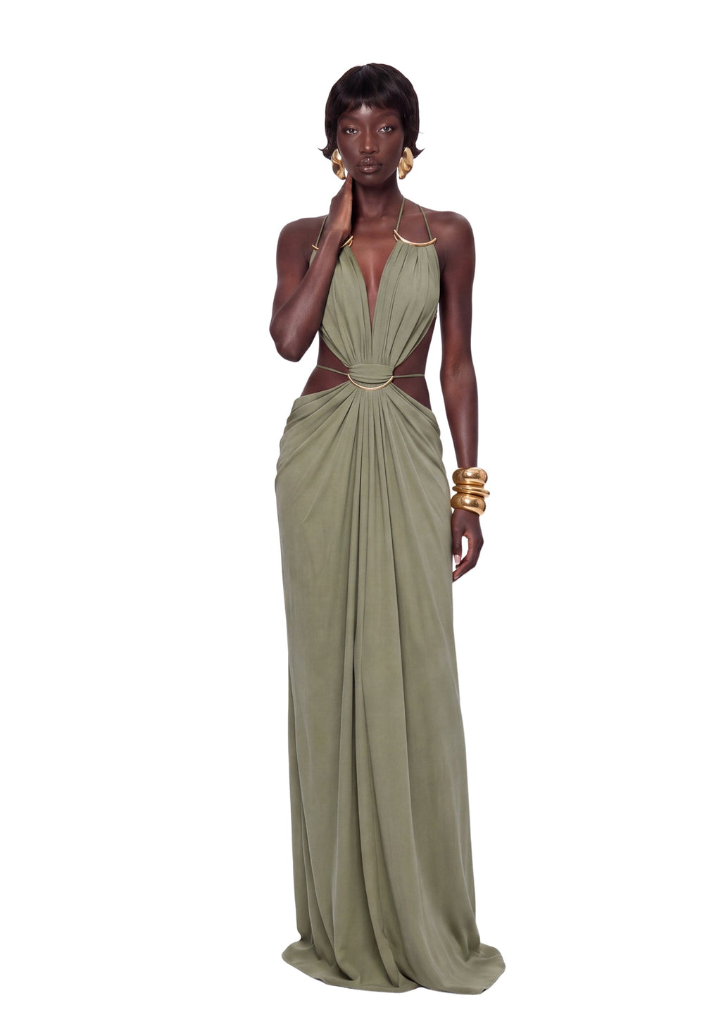 Kaelem Open Back Stretch Maxi Dress In Gray Green
